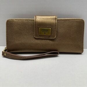 FOSSIL Quinn Slim Wristlet Clutch Bi-Fold Wallet Pebbled Metallic Gold SWL1085
